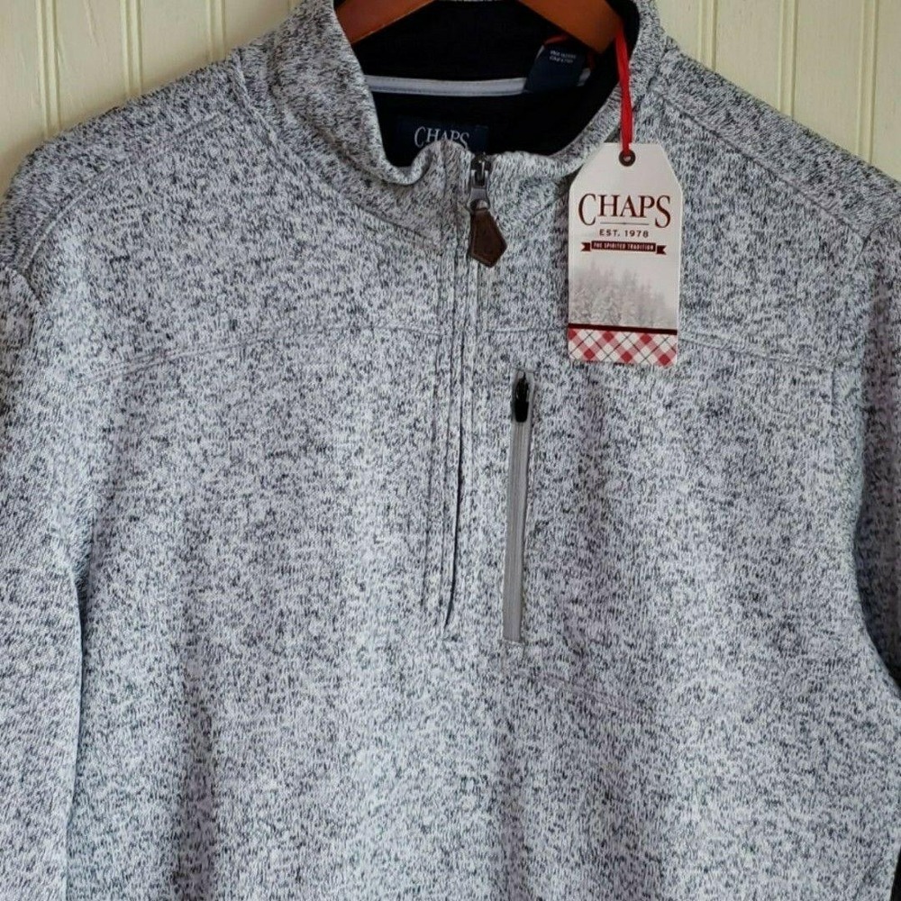 Chaps Sweater Mens Medium Gray Quarter Zip Mock Neck Knit Pullover Pockets